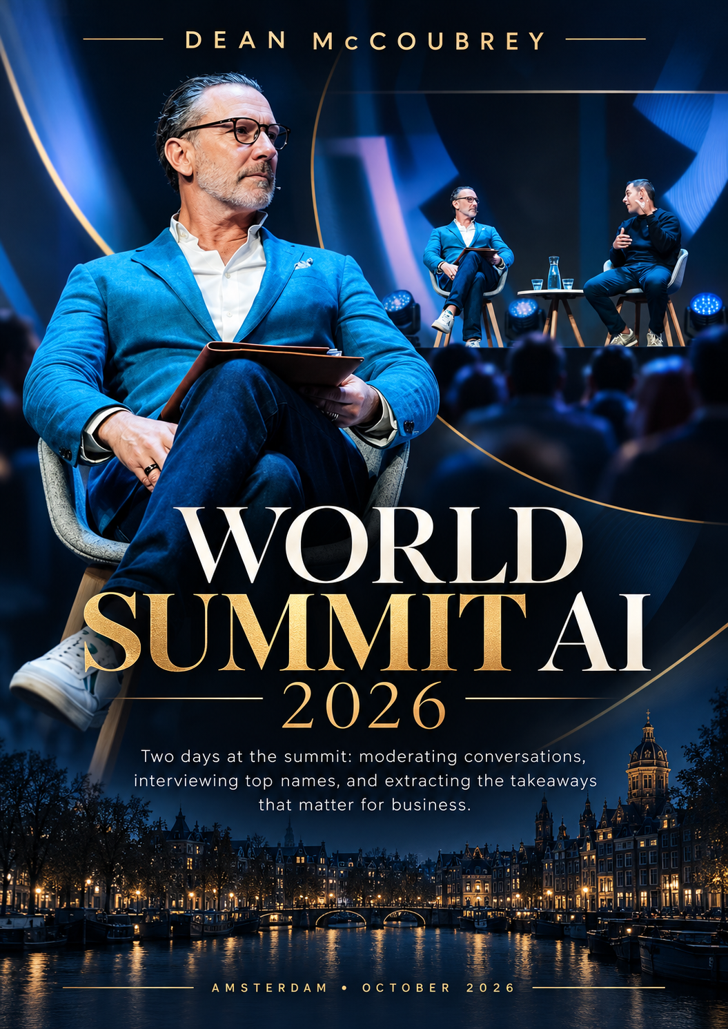 Dean McCoubrey on stage at World Summit AI 2026 in Amsterdam, moderating conversations with AI leaders